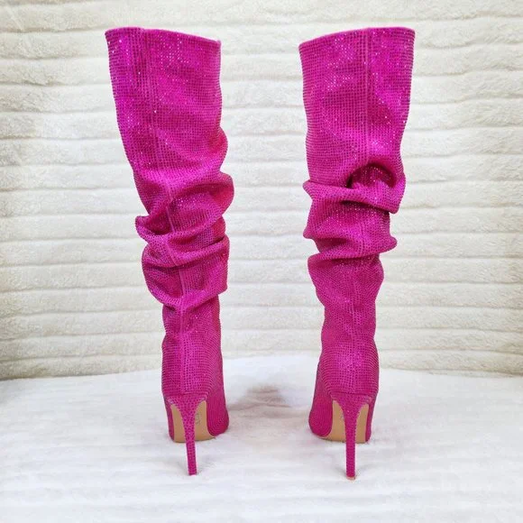Radiant Fuchsia Pink Rhinestone High Heel Slouch Knee High Boots - Picture 2 of 11